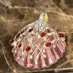 Pendant very unique wire wrapped real  scallop shell red faceted crystal stones
